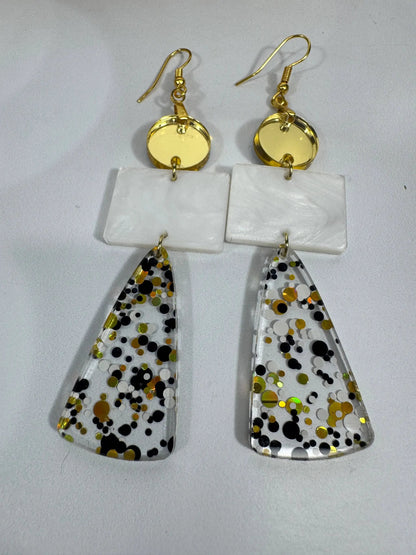 Truly Olive Long Gold Black and White Sparkly Confetti Acrylic Earrings - Earrings Dangle Earrings