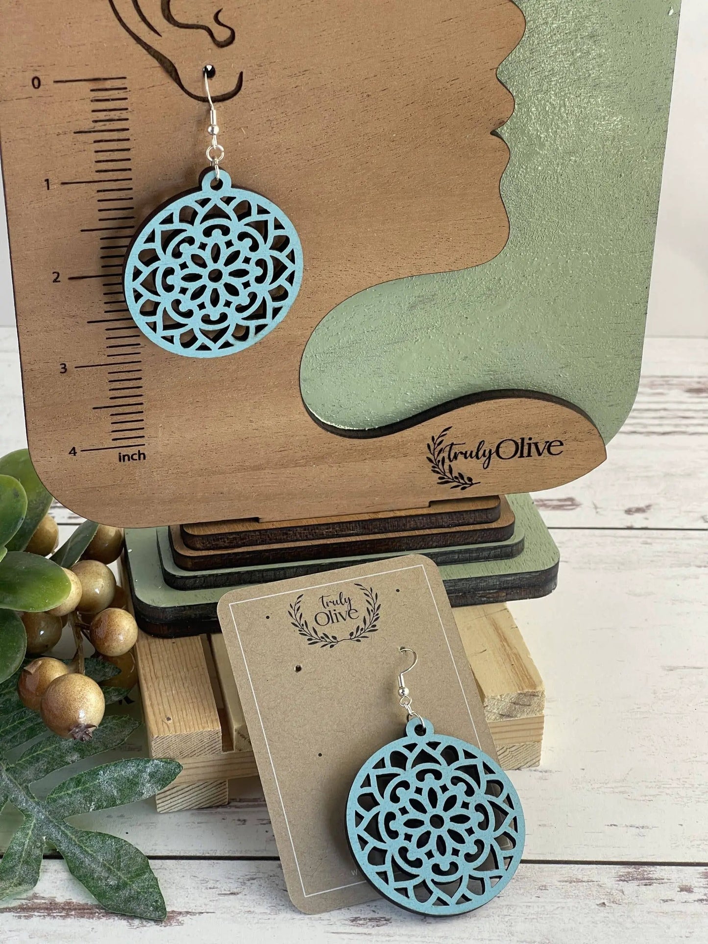 Truly Olive Wood Mandela Circle Shape Lightweight Earrings - Earrings Dangle Earrings