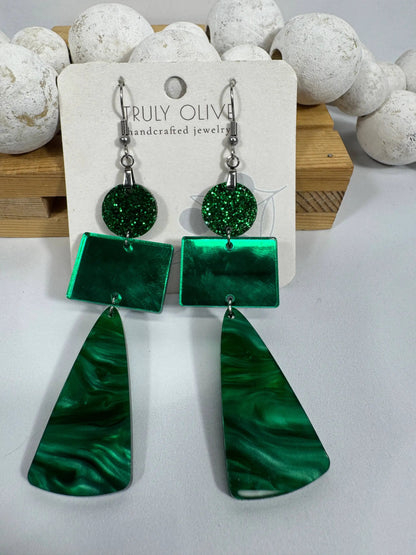 Truly Olive Green Marble and Glitter Acrylic Holiday Earrings - Earrings Dangle Earrings