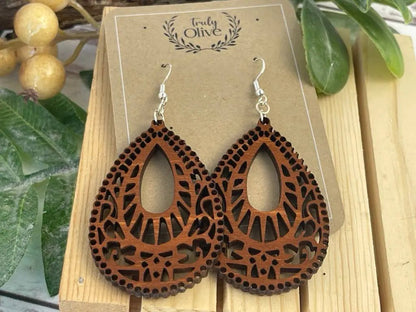 Truly Olive Teardrop Shape Wood Mandala Earrings - Earrings Dangle Earrings