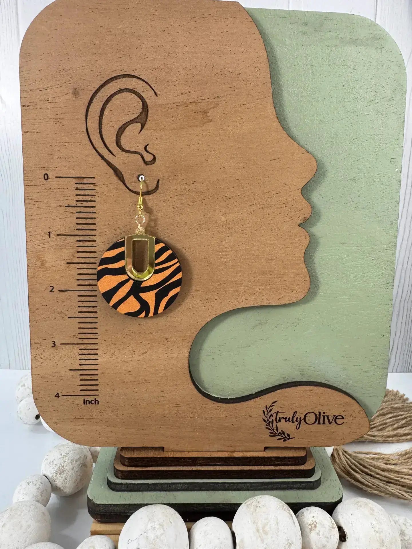 Truly Olive Tiger Pattern Wood Earrings - Earrings Dangle Earrings