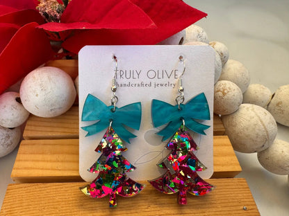Truly Olive Glittery Christmas Trees - Earrings Dangle Earrings