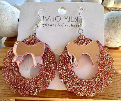 Truly Olive Pink Mirrored Acrylic Christmas Wreath - Earrings Dangle Earrings