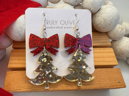 Truly Olive Confetti Glitter Christmas Trees With Red Bow - Earrings Dangle Earrings