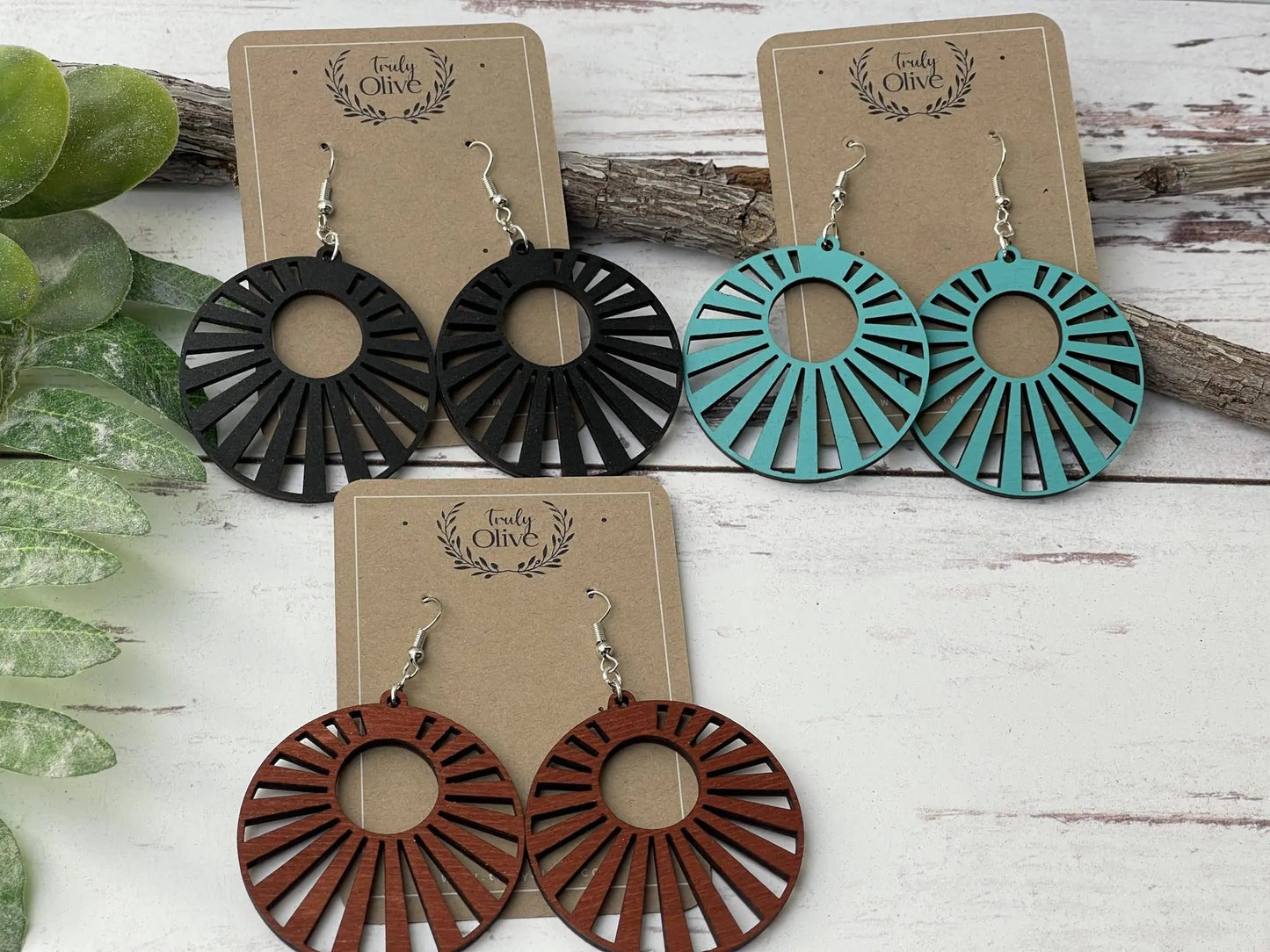 Truly Olive Wood Mandala Earrings in a Unique Fanned Out Circle Shape - Earrings Dangle Earrings