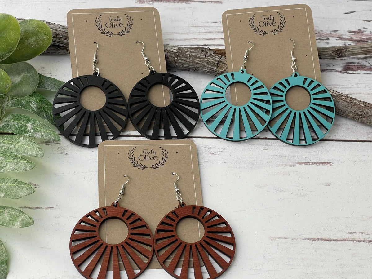 Truly Olive Wood Mandala Earrings in a Unique Fanned Out Circle Shape - Earrings Dangle Earrings
