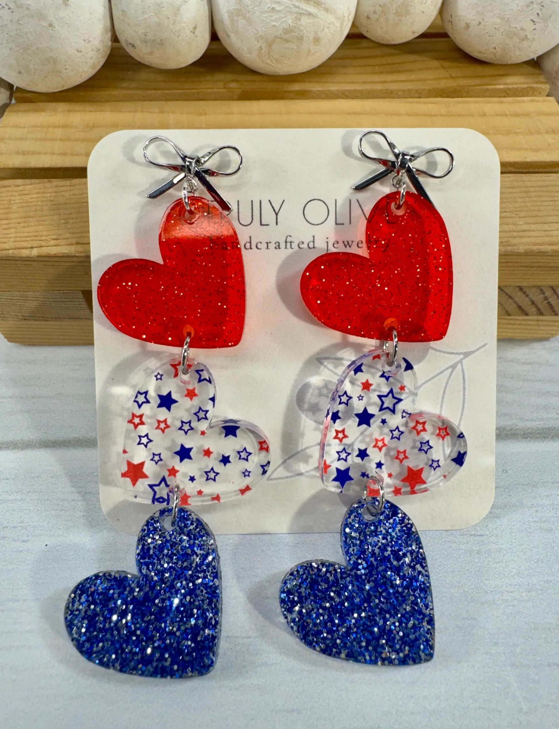 Truly Olive Red White and Blue Heart Dangles - Earrings Dangle Earrings