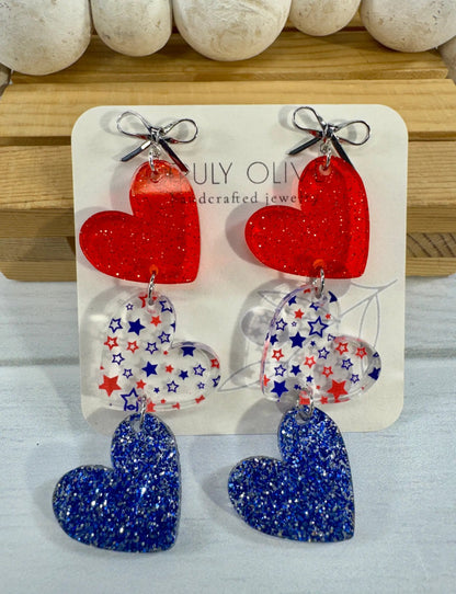 Truly Olive Red White and Blue Heart Dangles - Earrings Dangle Earrings