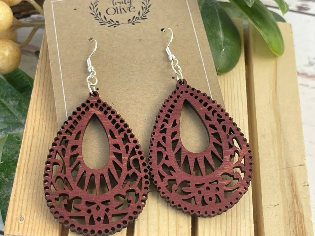 Truly Olive Teardrop Shape Wood Mandala Earrings - Earrings Dangle Earrings