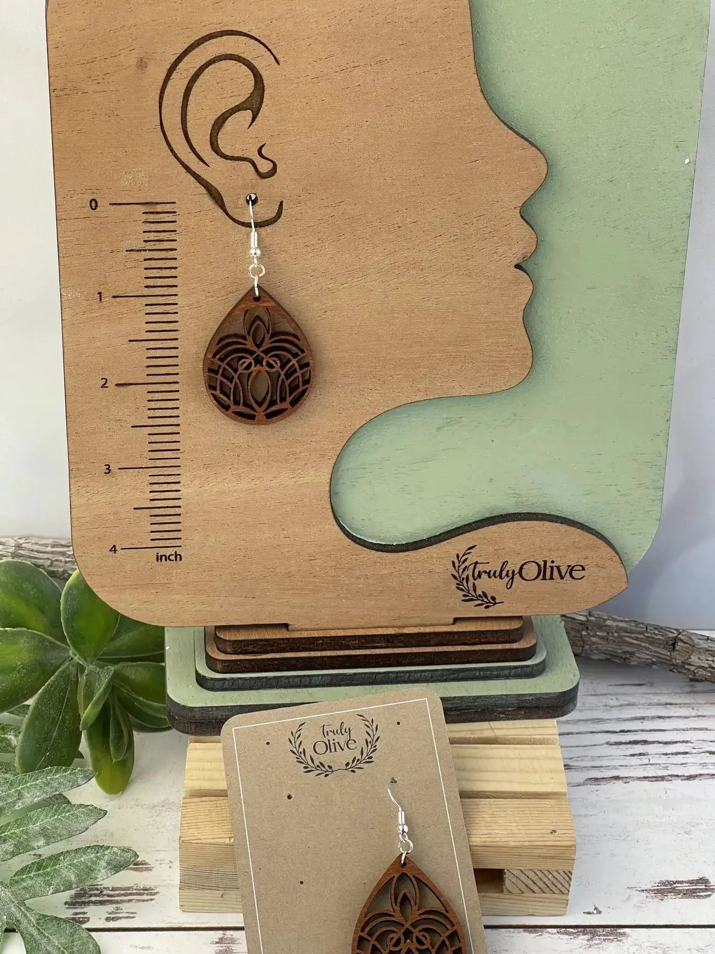 Truly Olive Small Mandala Wood Earrings - Earrings Dangle Earrings