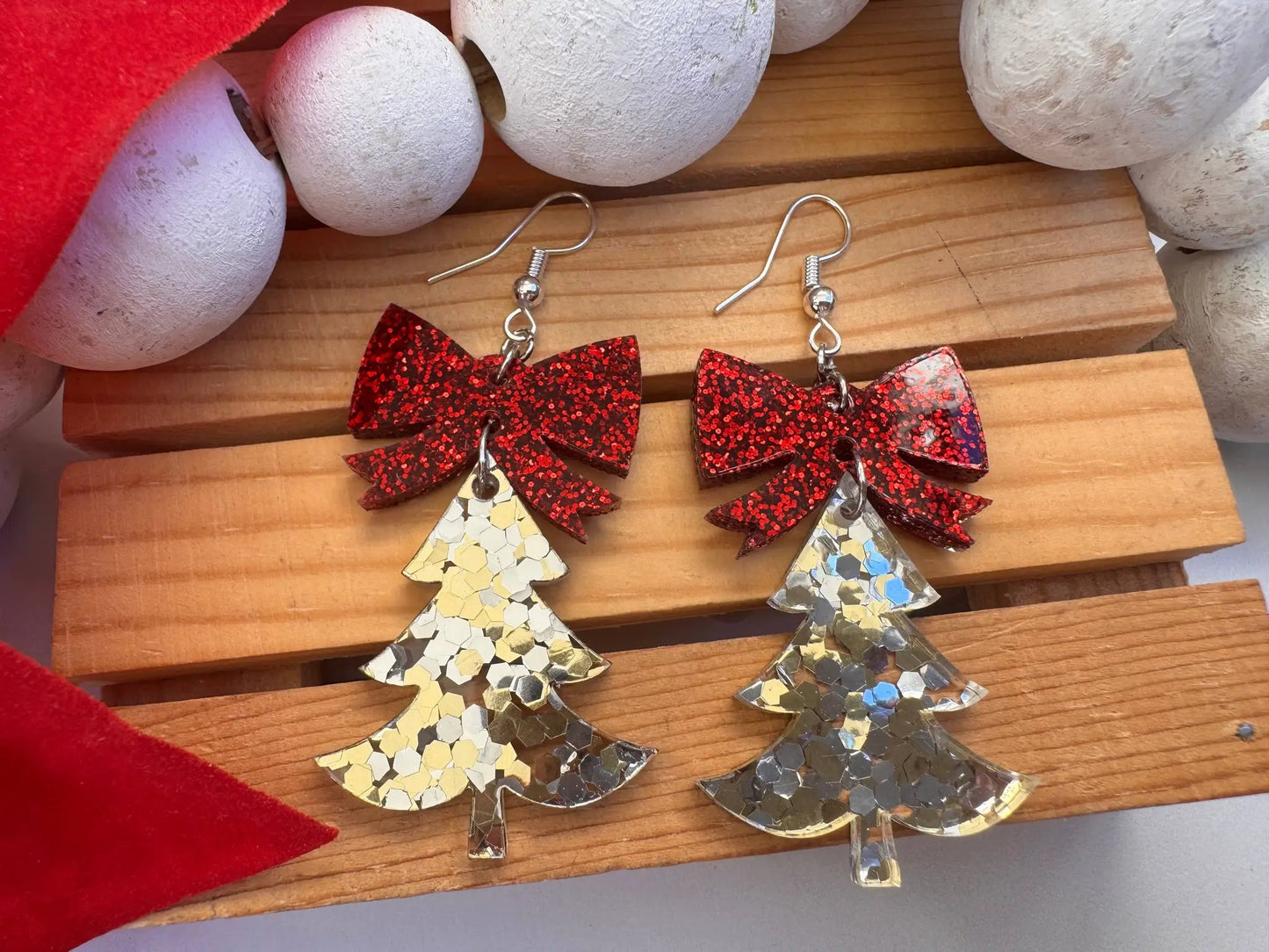 Truly Olive Confetti Glitter Christmas Trees With Red Bow - Earrings Dangle Earrings