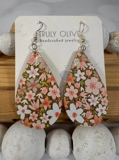 Truly Olive Pink Sparkle Flower Pattern Acrylic Earrings - Earrings Dangle Earrings
