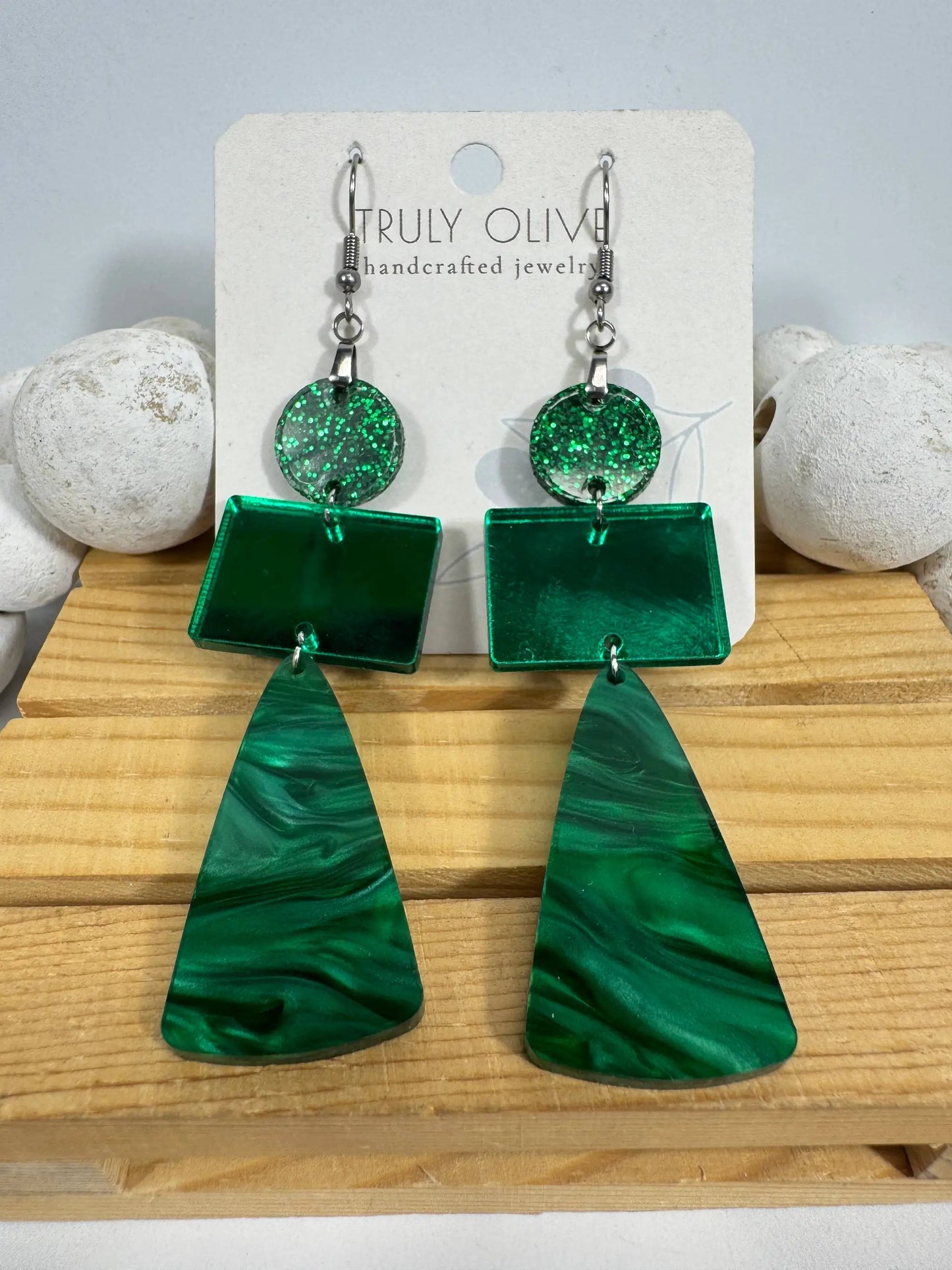 Truly Olive Green Marble and Glitter Acrylic Holiday Earrings - Earrings Dangle Earrings