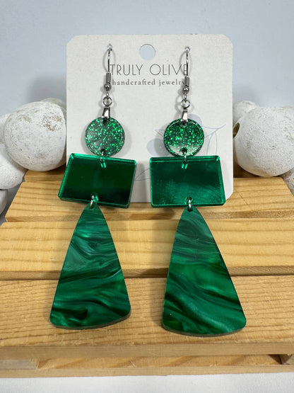 Truly Olive Green Marble and Glitter Acrylic Holiday Earrings - Earrings Dangle Earrings