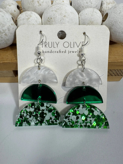 Truly Olive Green and White Sparkly Acrylic Christmas Earrings - Earrings Dangle Earrings