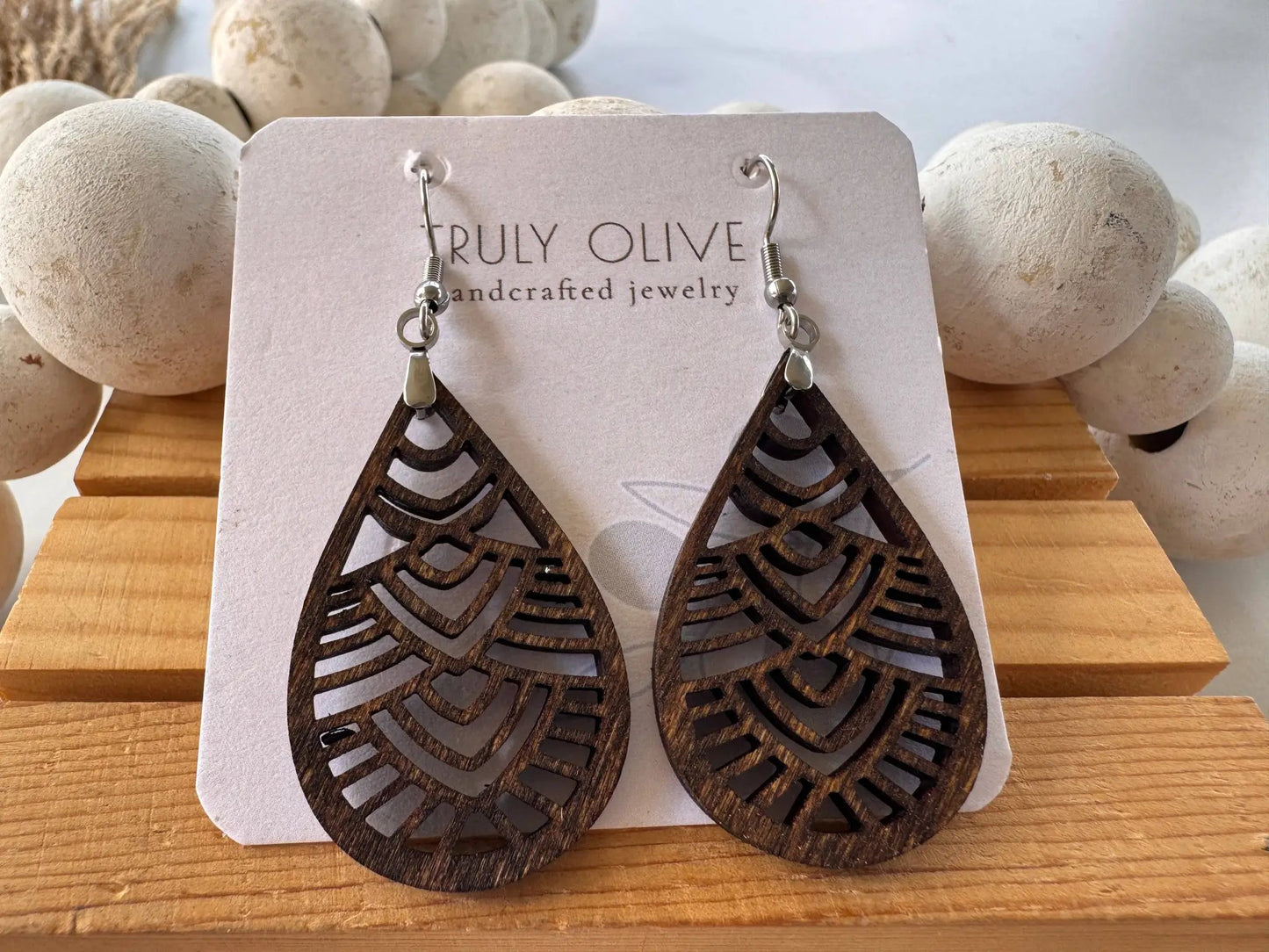 Truly Olive Geometric Small Wooden Earrings - Earrings Dangle Earrings