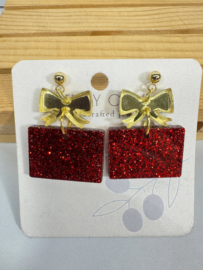 Truly Olive Red and Gold Christmas Present Earrings - Earrings Dangle Earrings