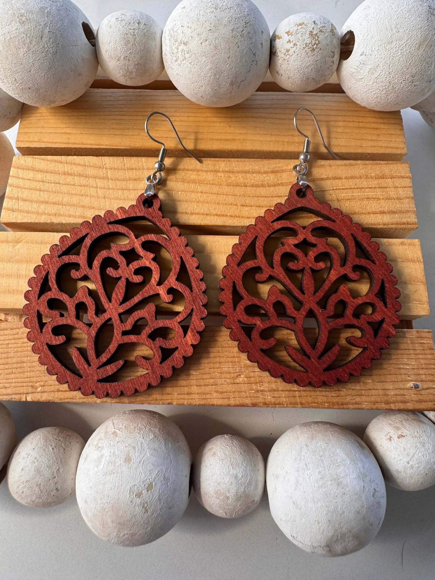 Truly Olive Intricate Wood Earrings - Earrings Dangle Earrings