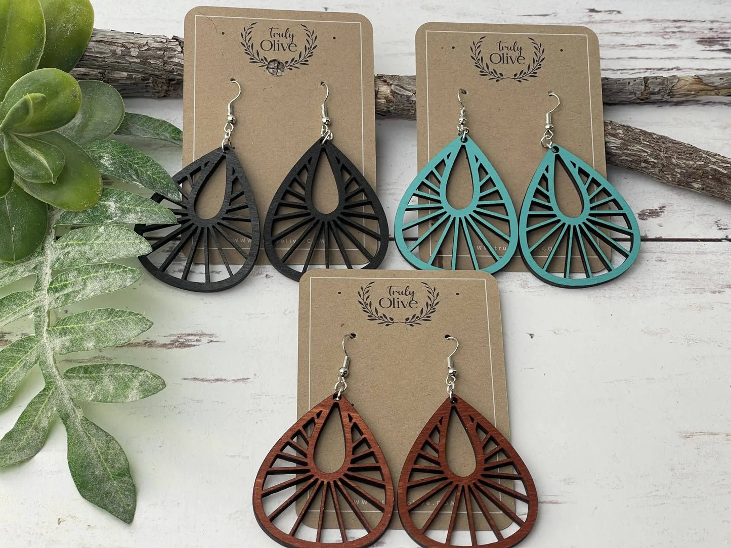 Truly Olive Teardrop Wood Mandala Earrings in a Unique Fanned Out Shape - Earrings Dangle Earrings
