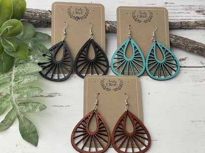 Truly Olive Teardrop Wood Mandala Earrings in a Unique Fanned Out Shape - Earrings Dangle Earrings