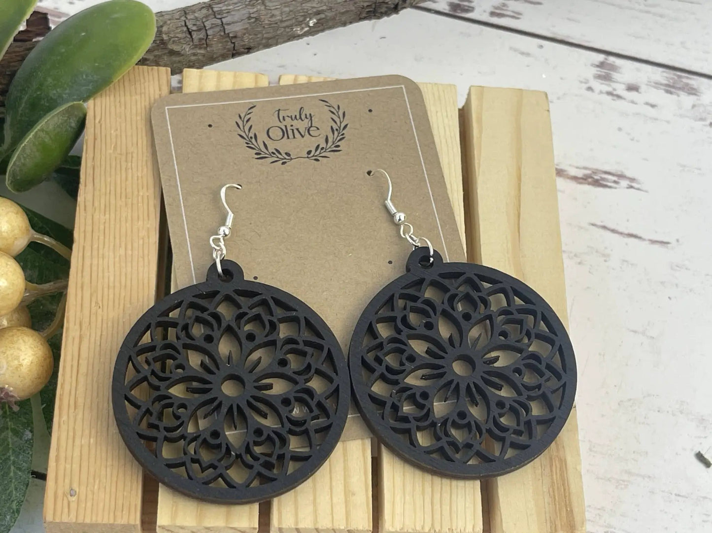 Truly Olive Circle Shape Lightweight Wood Mandala Earrings - Earrings Dangle Earrings