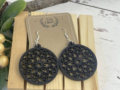 Truly Olive Circle Shape Lightweight Wood Mandala Earrings - Earrings Dangle Earrings