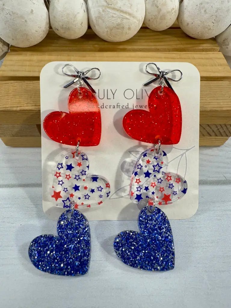 Truly Olive Red White and Blue Heart Dangles - Earrings Dangle Earrings
