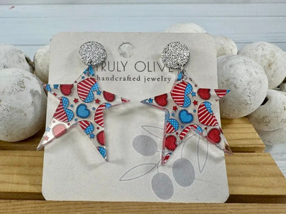 Truly Olive Star Spangled Patriotic Star Post Back Earrings - Earrings Dangle Earrings