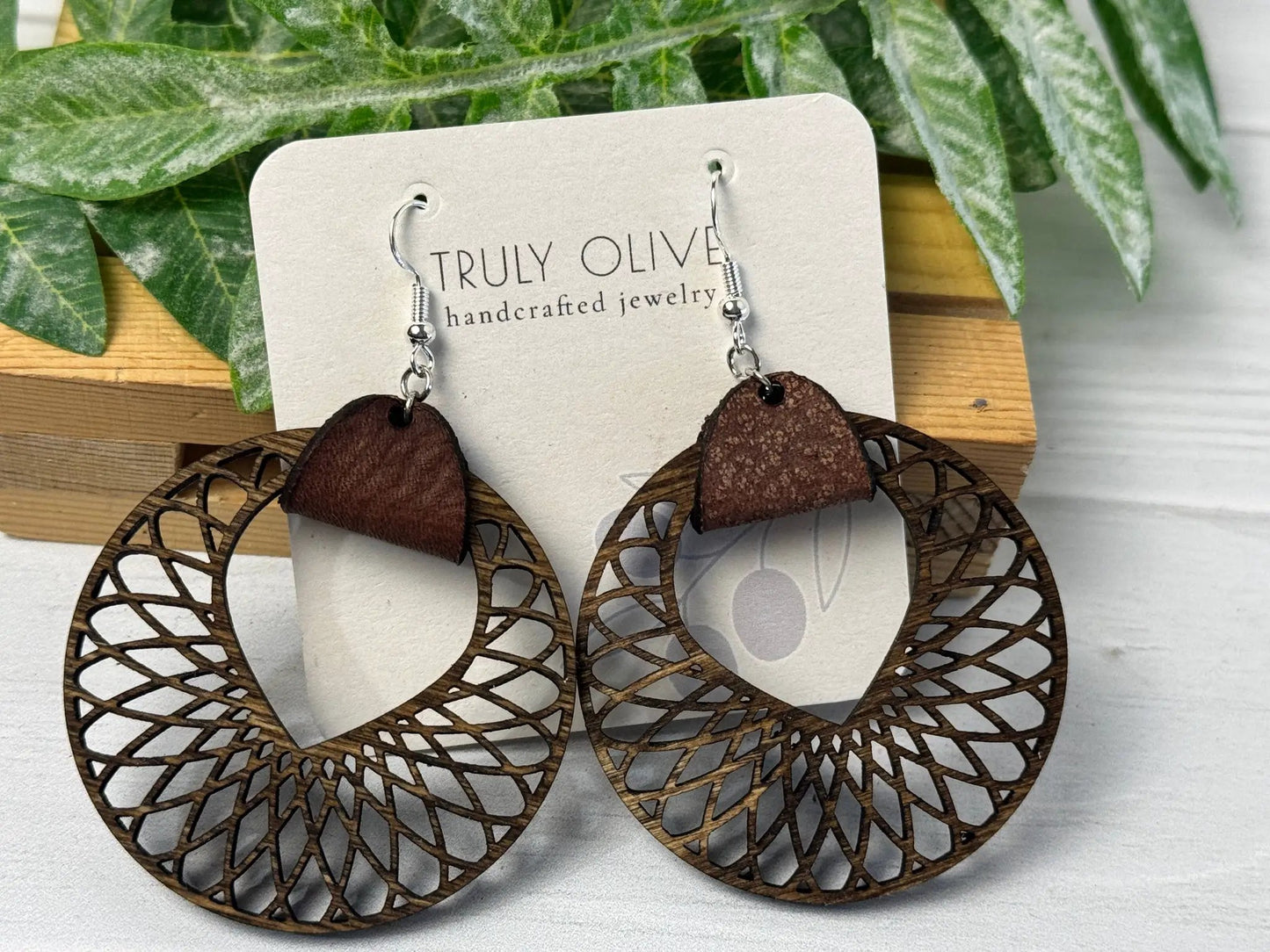 Truly Olive Filigree Natural Wood and Leather Lightweight Hoop Earrings - Earrings Dangle Earrings