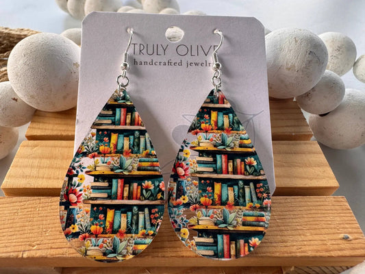 Truly Olive Bookshelf Earrings Book Lovers Teardrop Earrings - Earrings Dangle Earrings
