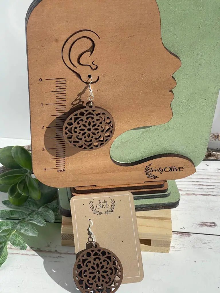 Truly Olive Wood Mandela Circle Shape Lightweight Earrings - Earrings Dangle Earrings