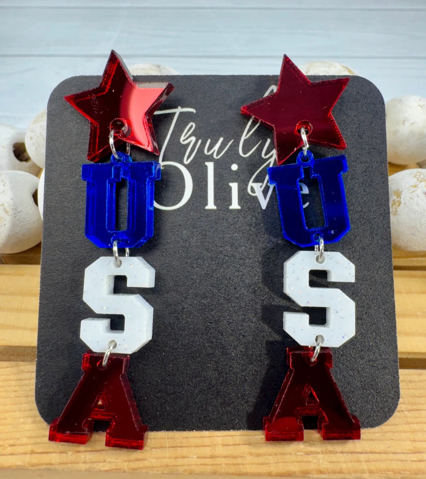 Truly Olive Patriotic Lettered USA Earring Dangles - Earrings Dangle Earrings