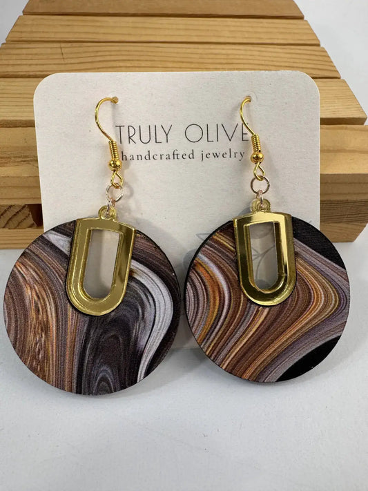 Truly Olive Vintage Swirl Pattern Wood Earrings - Earrings Dangle Earrings