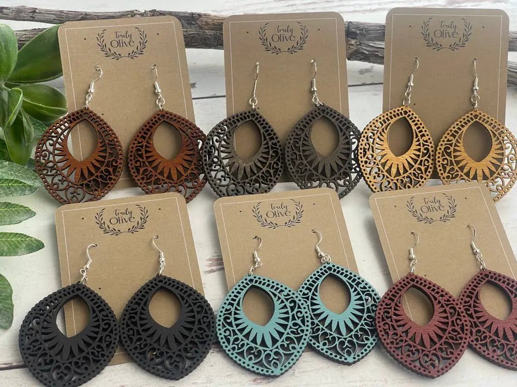 Truly Olive Lightweight Oval Wood Mandala Earrings - Earrings Dangle Earrings