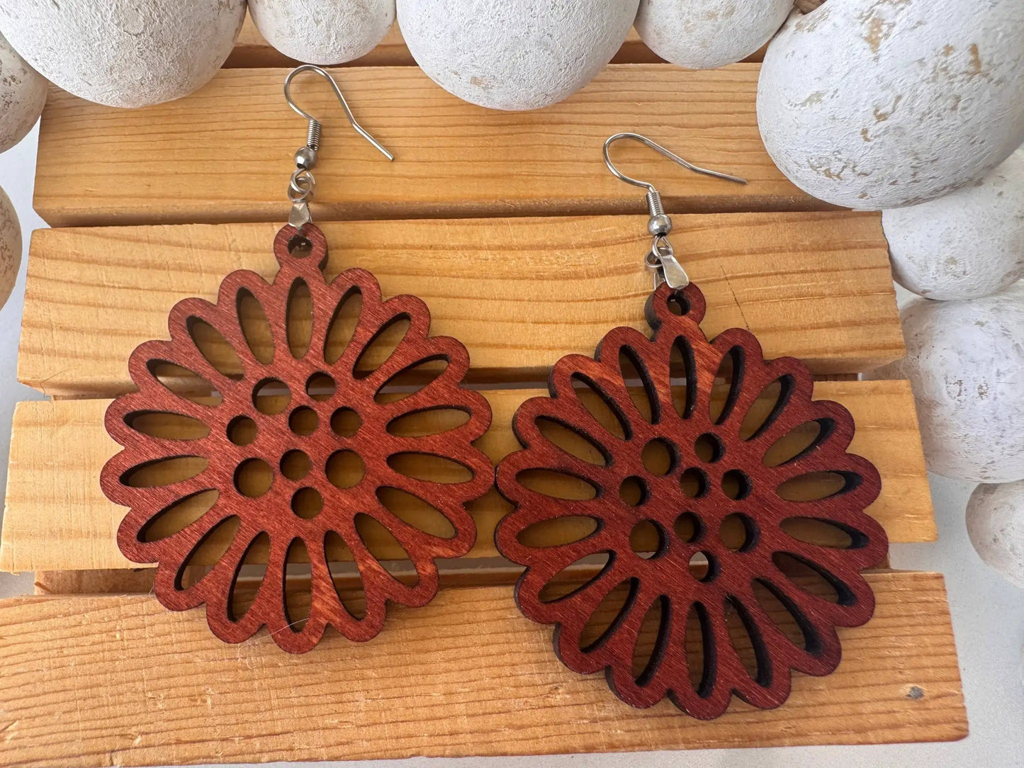 Truly Olive Flower Shape Wooden Lightweight Earrings - Earrings Dangle Earrings