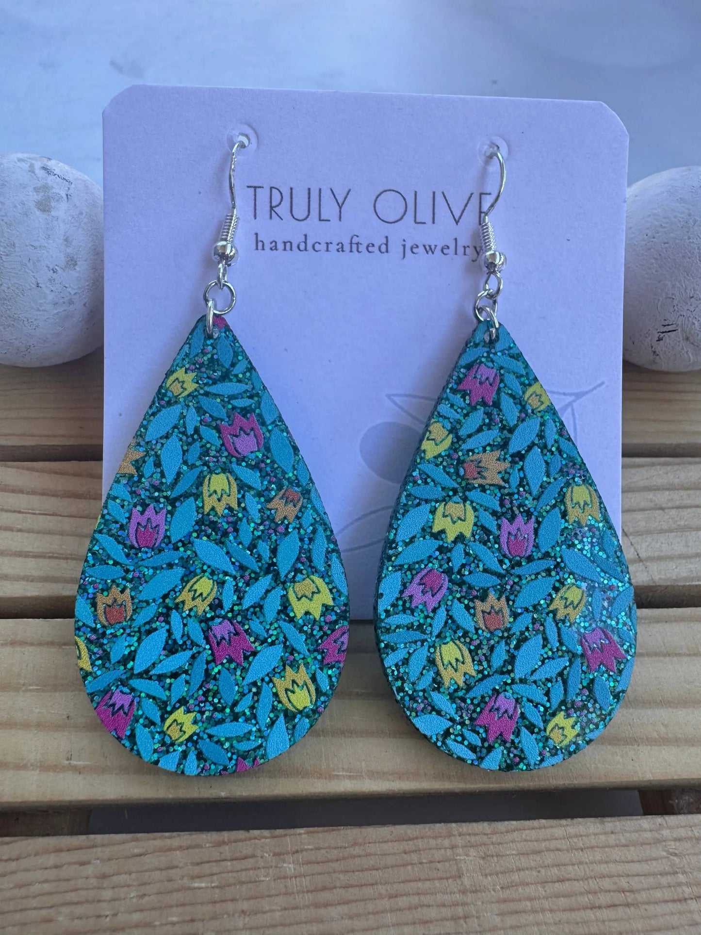 Truly Olive Blue Sparkle Flower Pattern Acrylic Earrings - Earrings Dangle Earrings