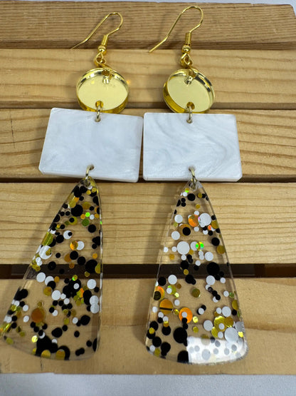 Truly Olive Long Gold Black and White Sparkly Confetti Acrylic Earrings - Earrings Dangle Earrings