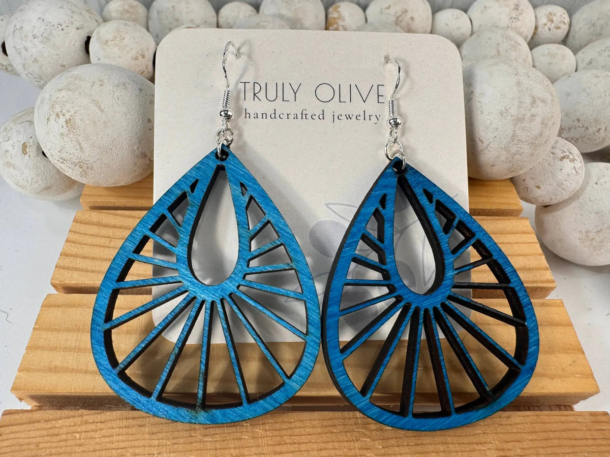 Truly Olive Teardrop Wood Mandala Earrings in a Unique Fanned Out Shape - Earrings Dangle Earrings