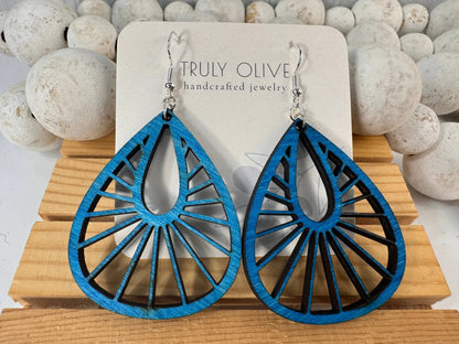 Truly Olive Teardrop Wood Mandala Earrings in a Unique Fanned Out Shape - Earrings Dangle Earrings