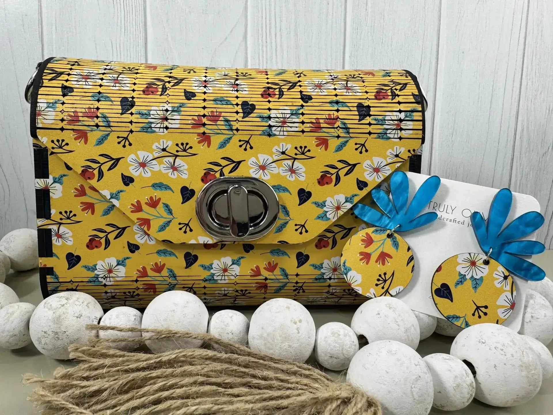 Truly Olive Bright Bloom Wood Clutch Yellow Floral Elegance - Clutch Bags Clutch Bag - Women's