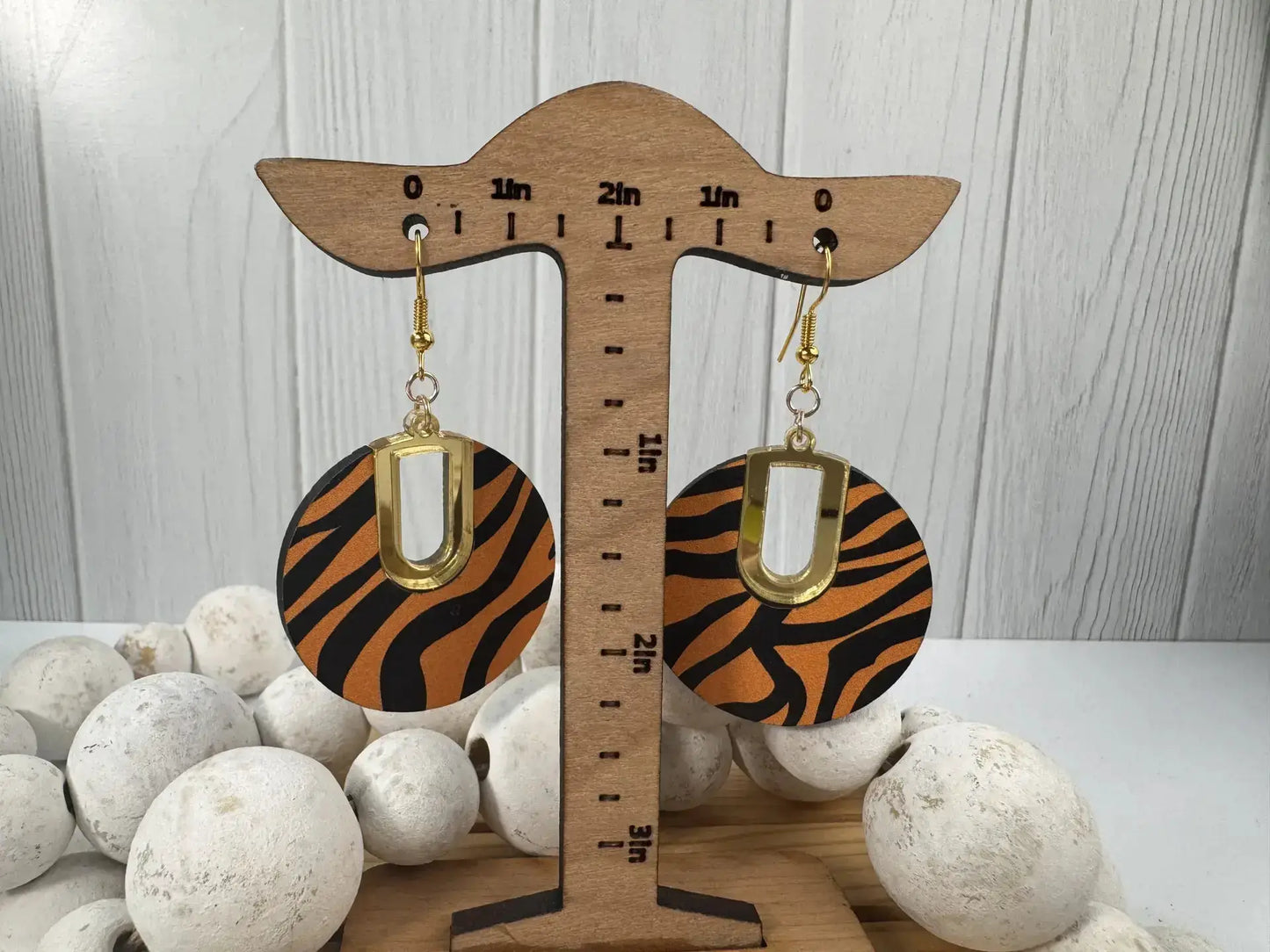 Truly Olive Tiger Pattern Wood Earrings - Earrings Dangle Earrings