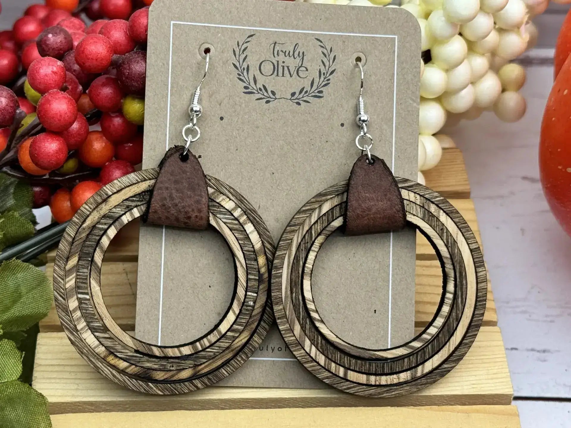 Truly Olive Leather and Wooden Hoop Earrings - Earrings Dangle Earrings