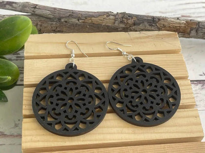 Truly Olive Wood Mandela Circle Shape Lightweight Earrings - Earrings Dangle Earrings
