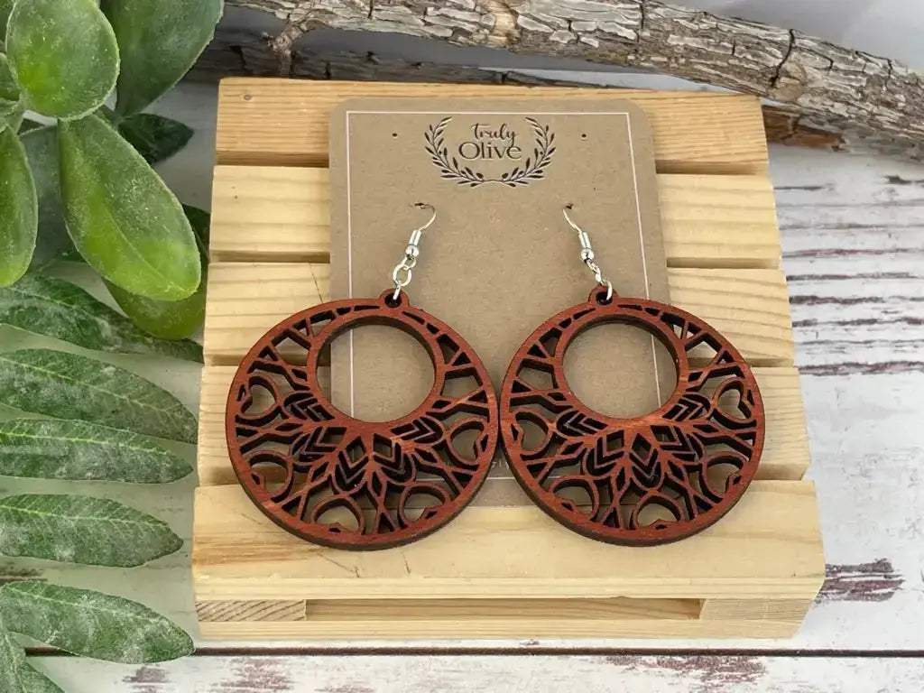 Truly Olive Boho Mandala Wooden Earrings - Earrings Dangle Earrings