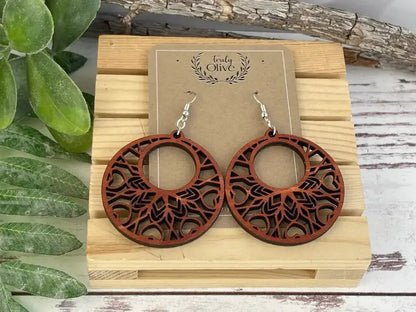 Truly Olive Boho Mandala Wooden Earrings - Earrings Dangle Earrings