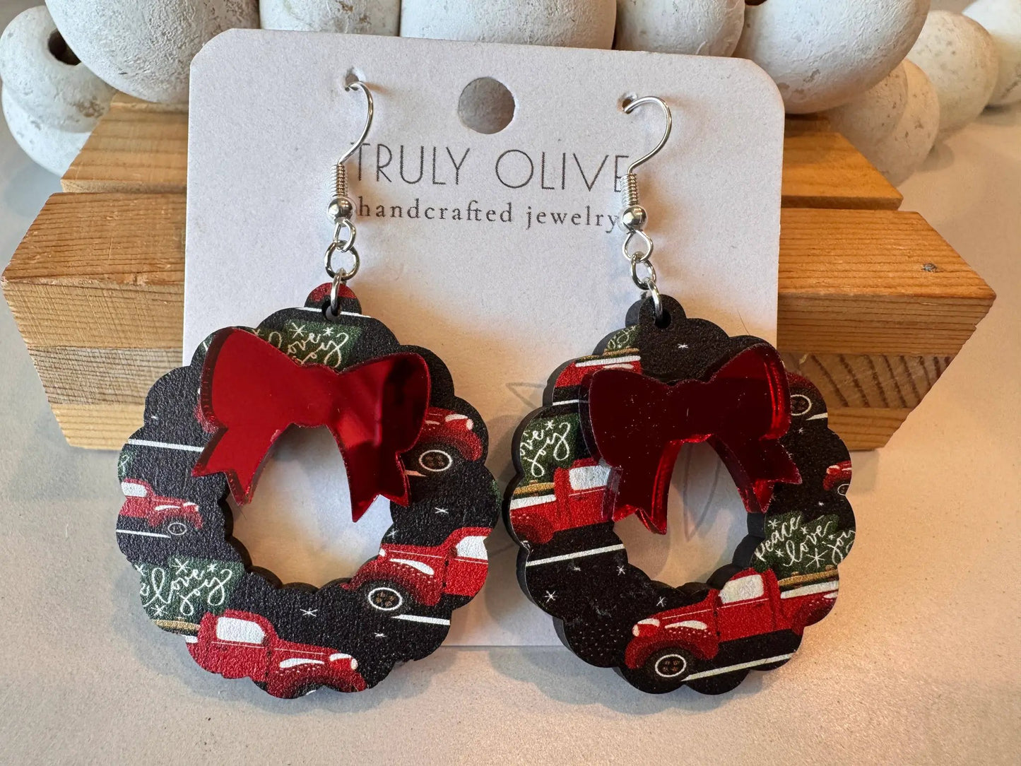 Truly Olive Vintage Red Christmas Truck Wreath Earrings - Earrings Dangle Earrings