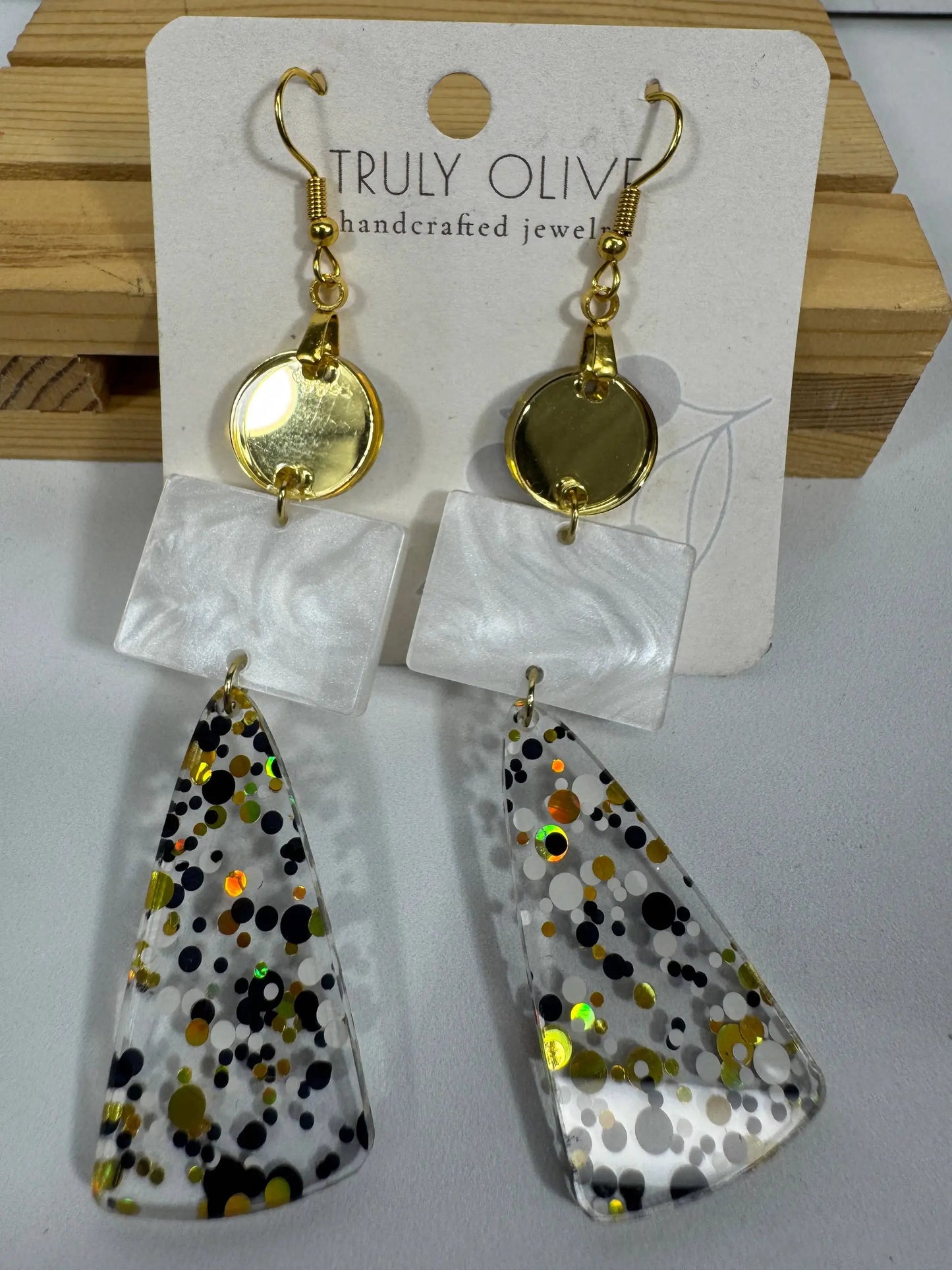 Truly Olive Long Gold Black and White Sparkly Confetti Acrylic Earrings - Earrings Dangle Earrings
