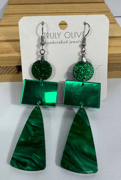Truly Olive Green Marble and Glitter Acrylic Holiday Earrings - Earrings Dangle Earrings