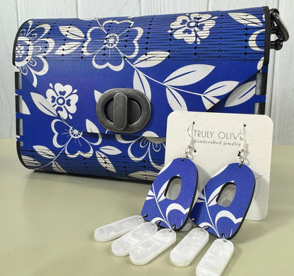 Truly Olive Cobalt Blue Flower Pattern Wood Handbag Clutch Purse - Clutch Bags Clutch Bag - Women's