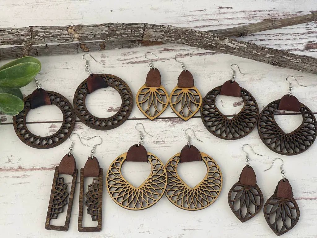Truly Olive Filigree Natural Wood and Leather Lightweight Hoop Earrings - Earrings Dangle Earrings